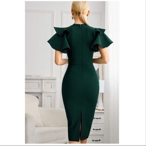 Green Midi Bandage Dress with Ruffles Short Sleeve and a high neck Dress - Picture 8 of 10